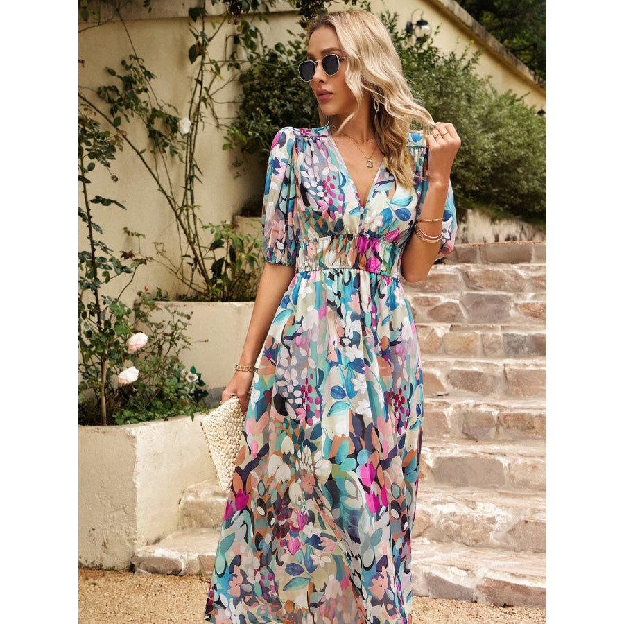 Smocked Printed V-Neck Half Sleeve Midi Dress Apparel and Accessories