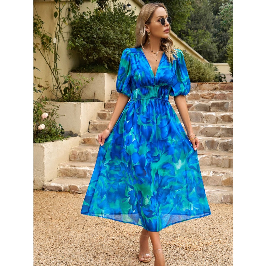 Smocked Printed V-Neck Half Sleeve Midi Dress Apparel and Accessories