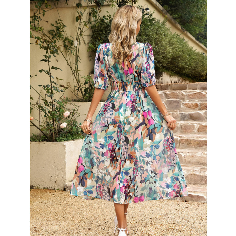 Smocked Printed V-Neck Half Sleeve Midi Dress Apparel and Accessories