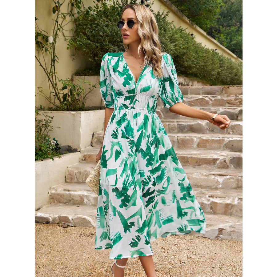 Smocked Printed V-Neck Half Sleeve Midi Dress Apparel and Accessories