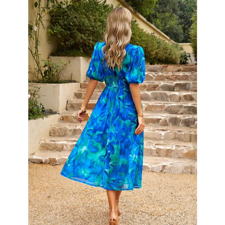 Smocked Printed V-Neck Half Sleeve Midi Dress Apparel and Accessories