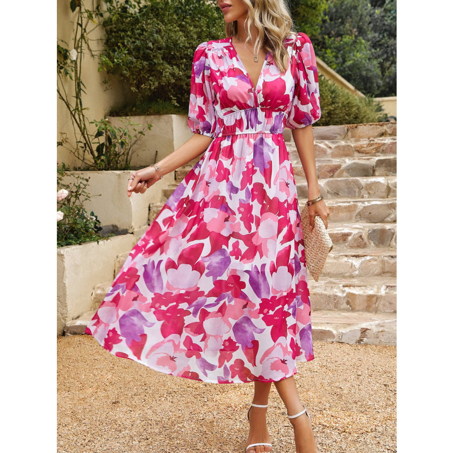 Smocked Printed V-Neck Half Sleeve Midi Dress Apparel and Accessories