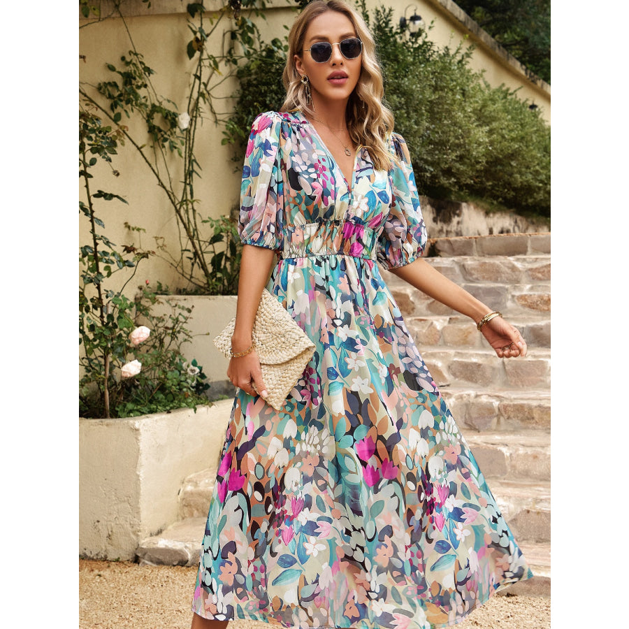 Smocked Printed V-Neck Half Sleeve Midi Dress Apparel and Accessories