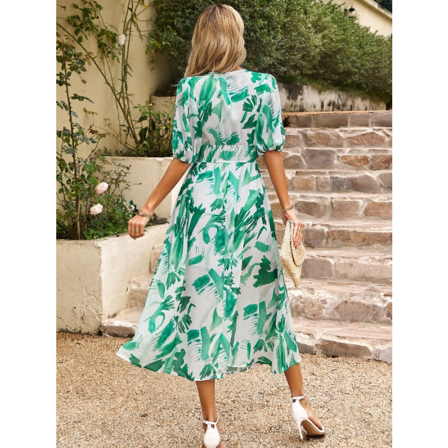 Smocked Printed V-Neck Half Sleeve Midi Dress Apparel and Accessories