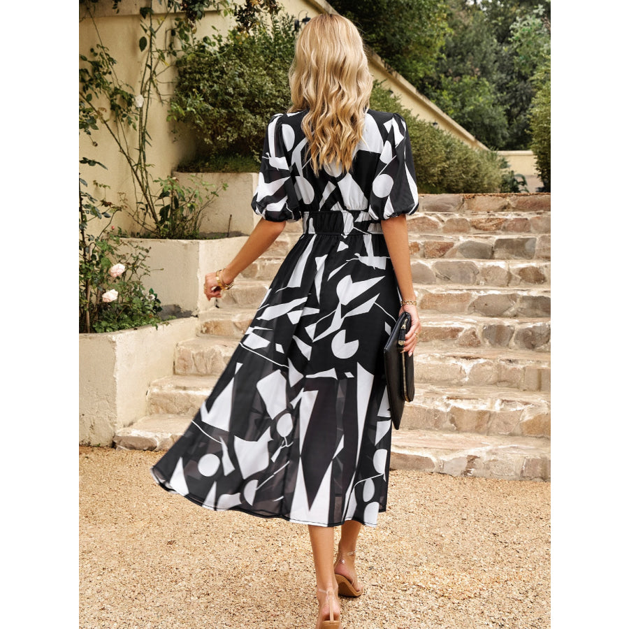 Smocked Printed V-Neck Half Sleeve Midi Dress Apparel and Accessories