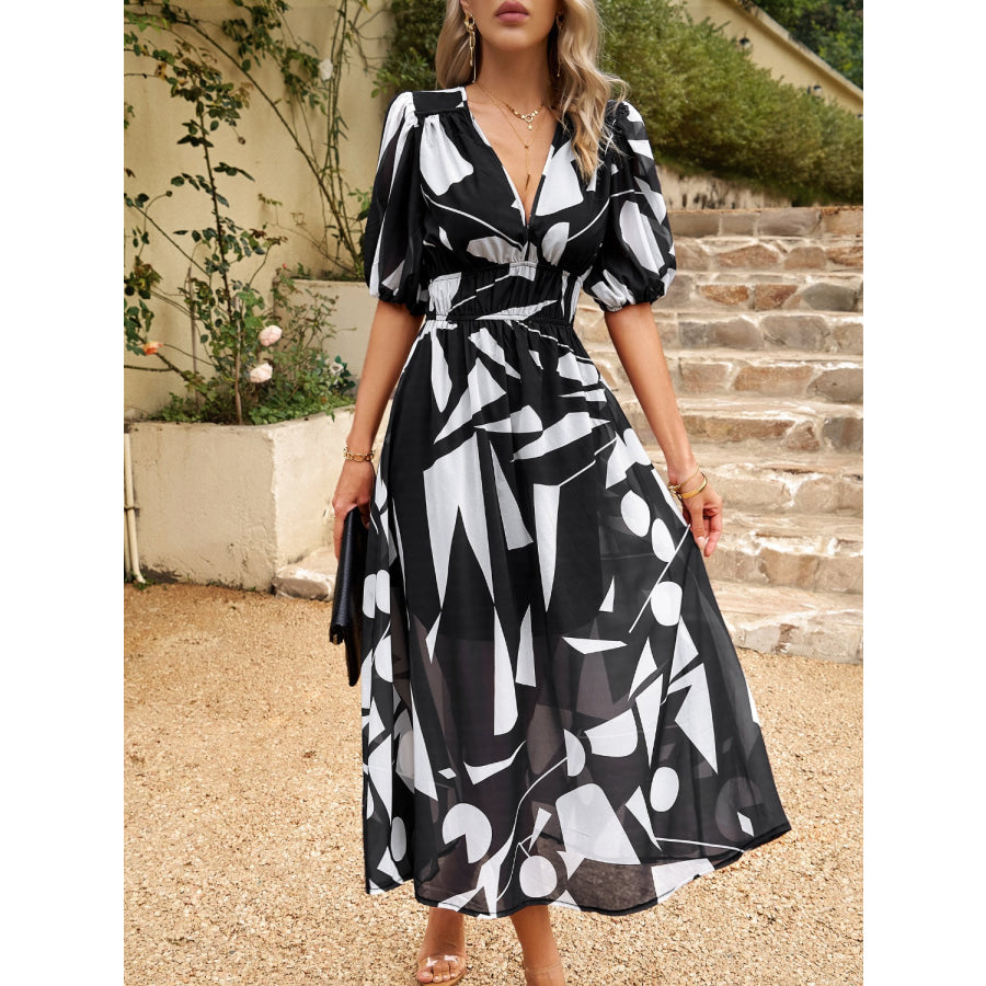 Smocked Printed V-Neck Half Sleeve Midi Dress Apparel and Accessories