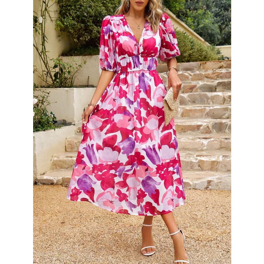 Smocked Printed V-Neck Half Sleeve Midi Dress Apparel and Accessories