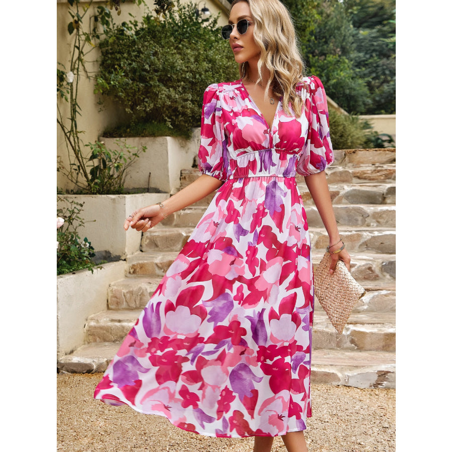 Smocked Printed V-Neck Half Sleeve Midi Dress Blush Pink / S Apparel and Accessories