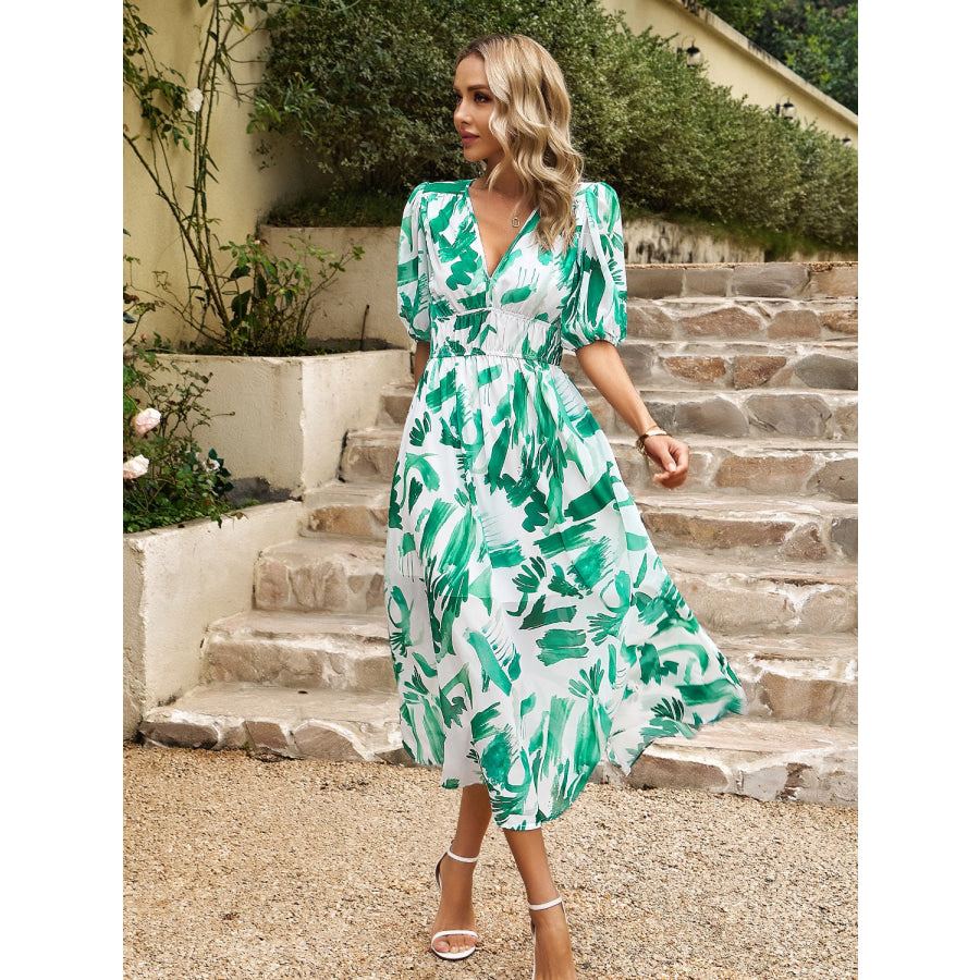 Smocked Printed V-Neck Half Sleeve Midi Dress Gum Leaf / S Apparel and Accessories