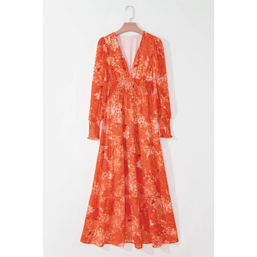 Smocked Printed V-Neck Long Sleeve Dress Orange / S Apparel and Accessories