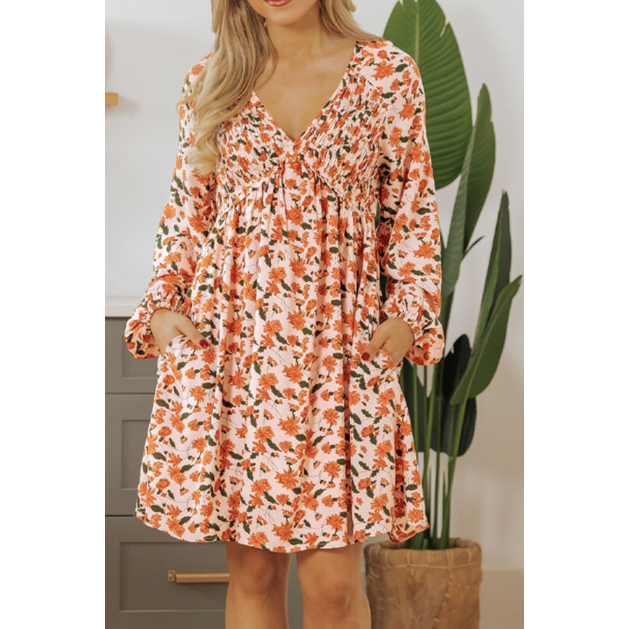 Smocked Printed V-Neck Long Sleeve Dress Apparel and Accessories