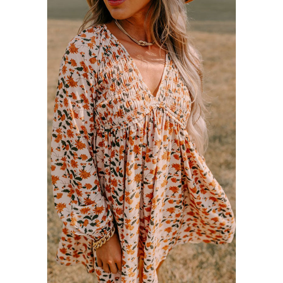 Smocked Printed V-Neck Long Sleeve Dress Apparel and Accessories