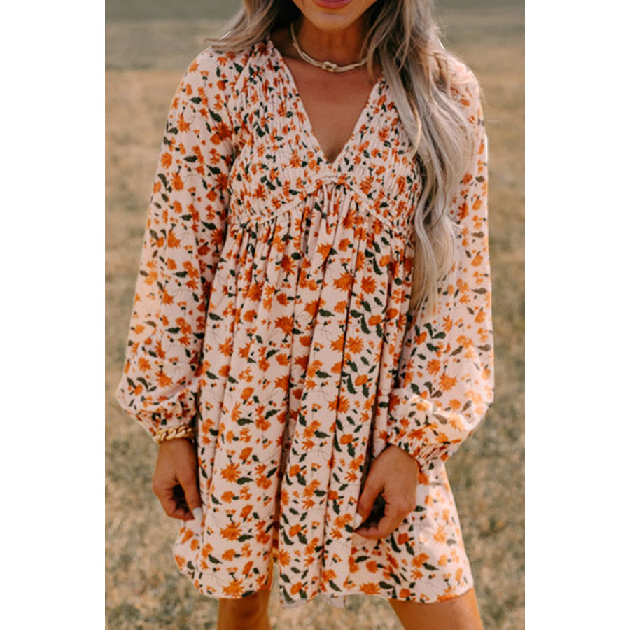 Smocked Printed V-Neck Long Sleeve Dress Floral / S Apparel and Accessories