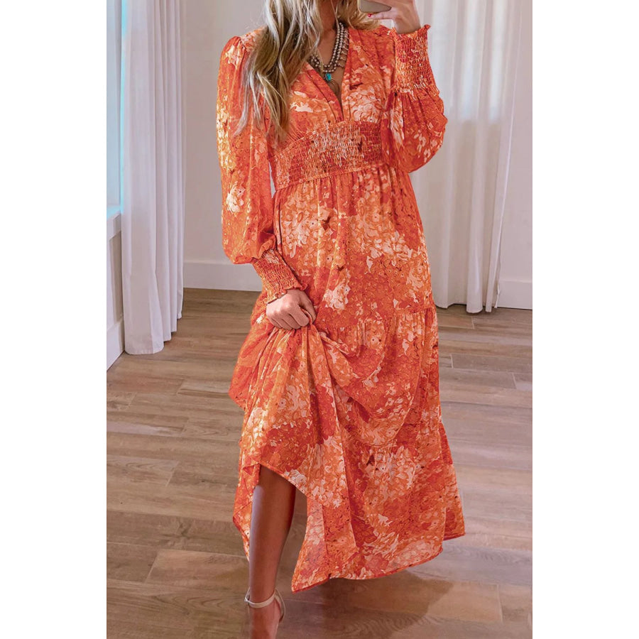 Smocked Printed V-Neck Long Sleeve Dress Orange / S Apparel and Accessories