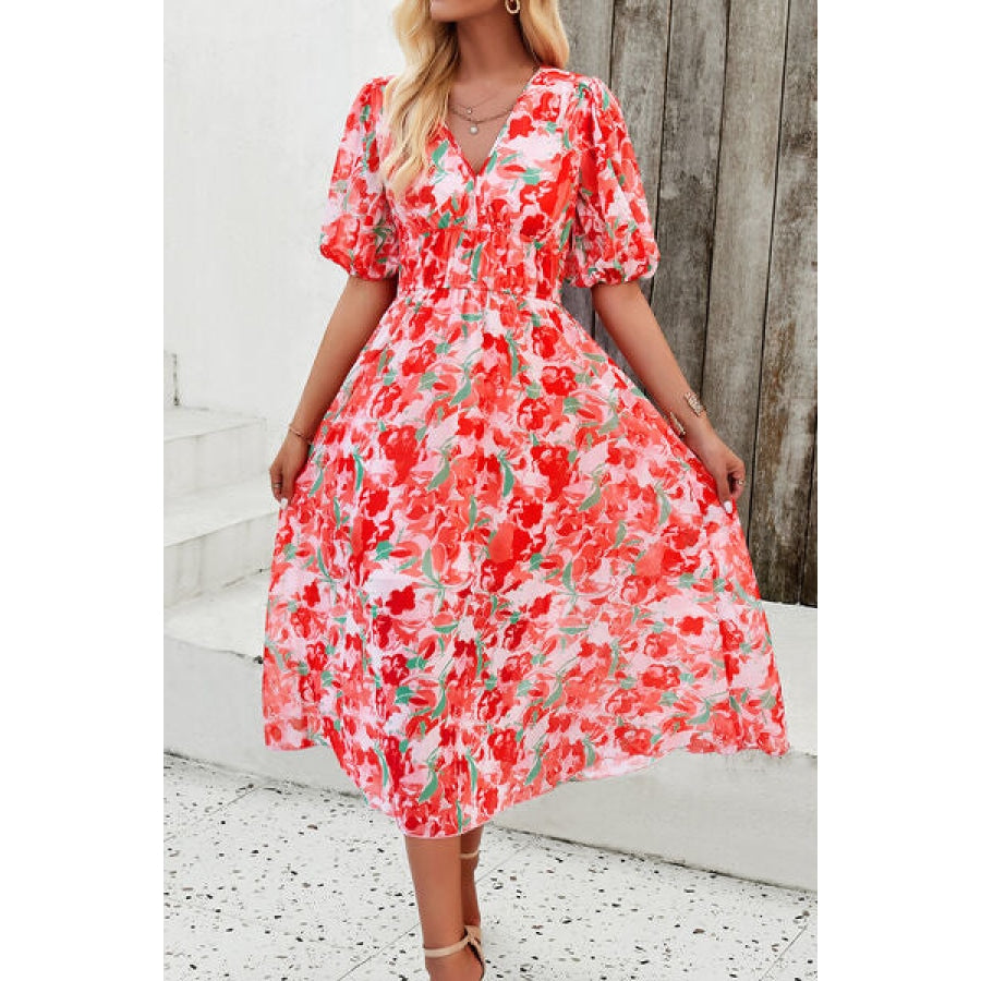 Smocked Printed V-Neck Short Sleeve Dress Clothing