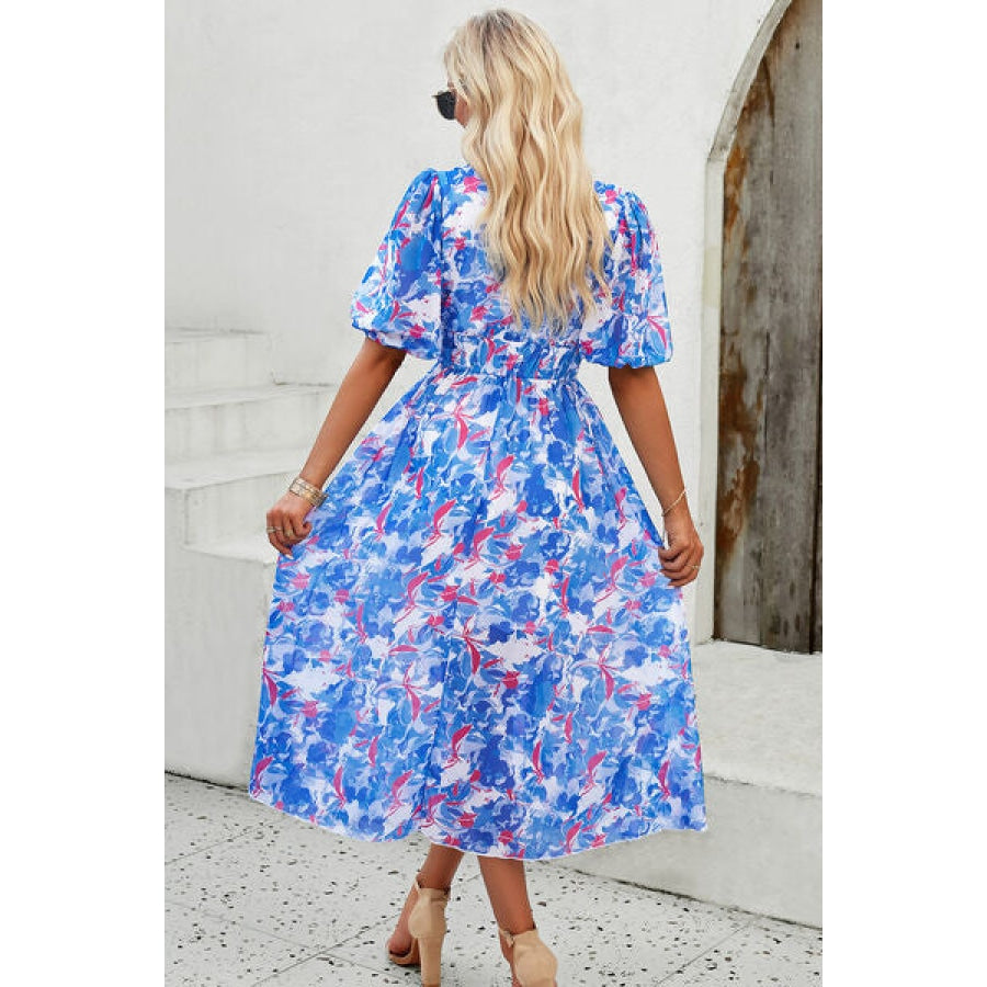 Smocked Printed V-Neck Short Sleeve Dress Clothing