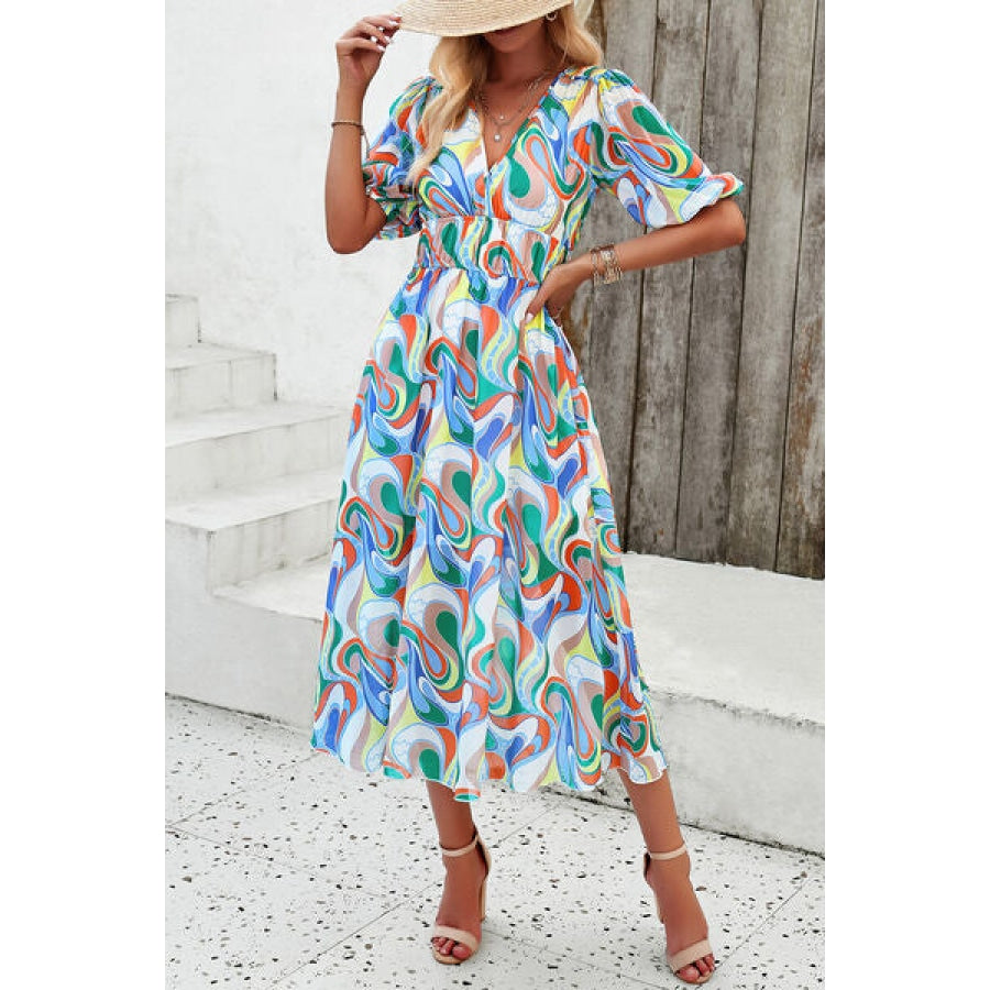 Smocked Printed V-Neck Short Sleeve Dress Clothing