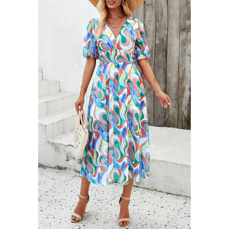 Smocked Printed V-Neck Short Sleeve Dress Multicolor / S Clothing