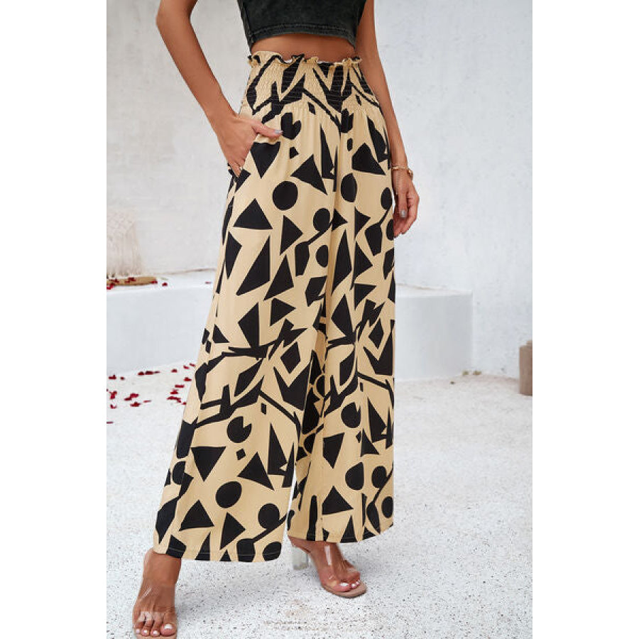 Smocked Printed Wide Leg Pants with Pockets Apparel and Accessories