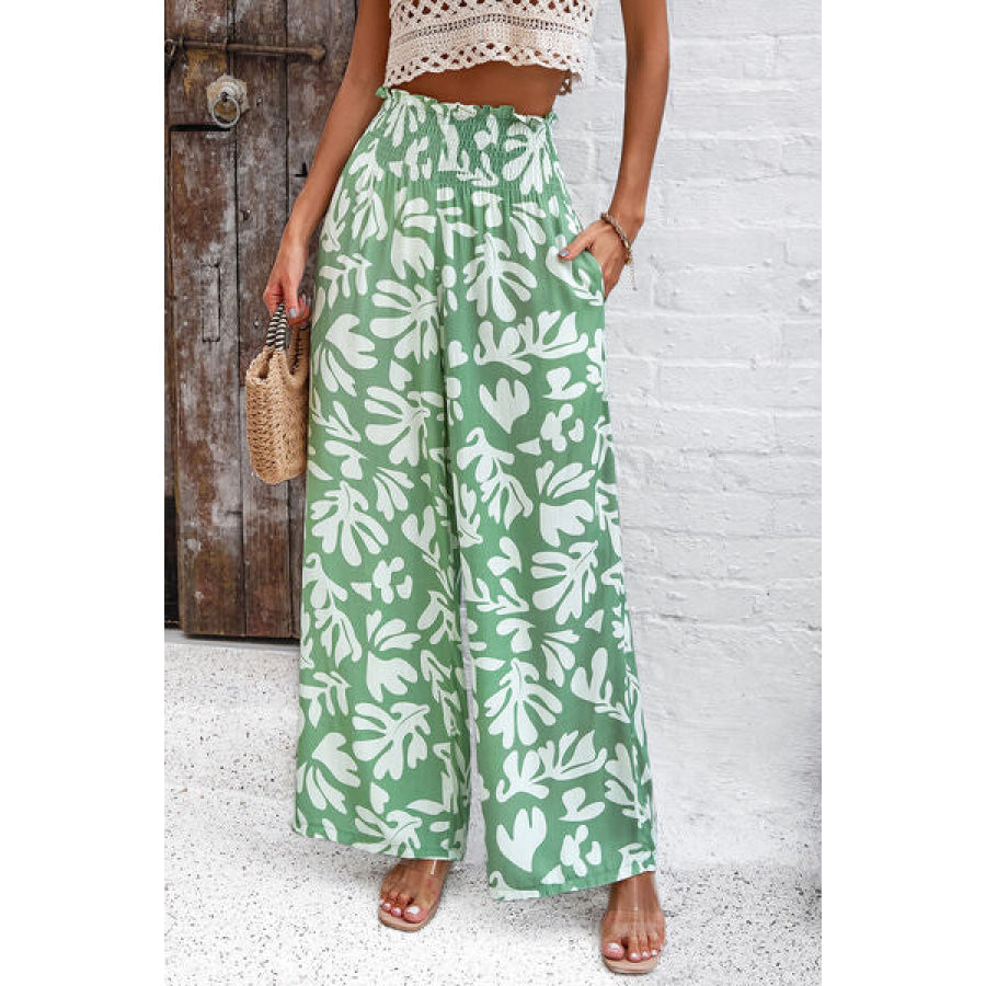 Smocked Printed Wide Leg Pants with Pockets Apparel and Accessories