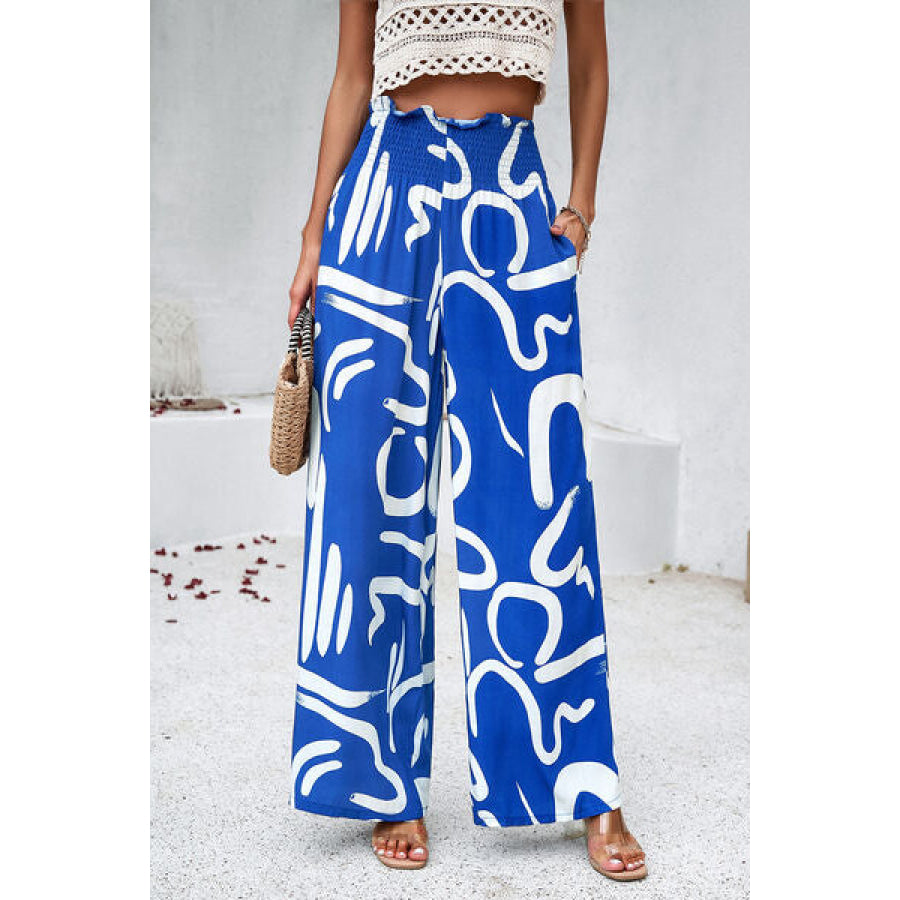 Smocked Printed Wide Leg Pants with Pockets Apparel and Accessories