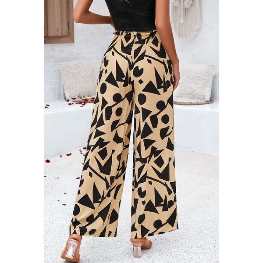 Smocked Printed Wide Leg Pants with Pockets Apparel and Accessories