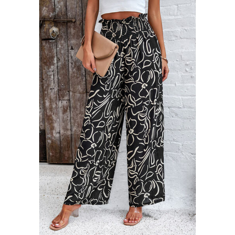 Smocked Printed Wide Leg Pants with Pockets Apparel and Accessories