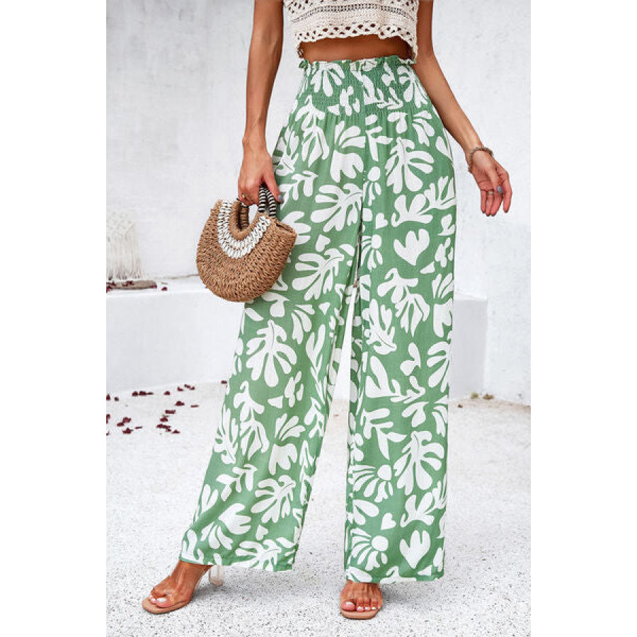 Smocked Printed Wide Leg Pants with Pockets Apparel and Accessories