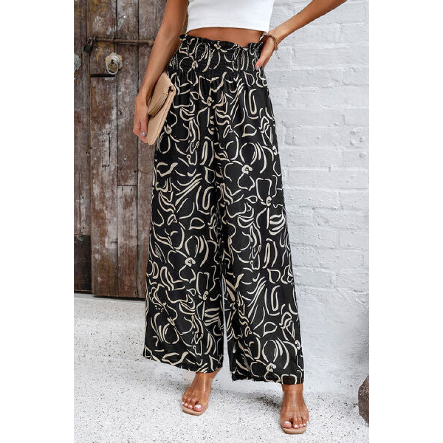 Smocked Printed Wide Leg Pants with Pockets Apparel and Accessories