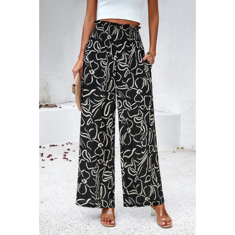 Smocked Printed Wide Leg Pants with Pockets Apparel and Accessories