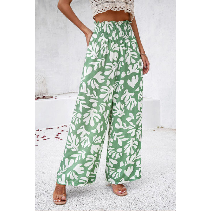 Smocked Printed Wide Leg Pants with Pockets Apparel and Accessories