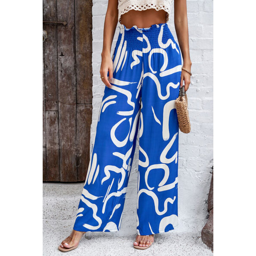 Smocked Printed Wide Leg Pants with Pockets Apparel and Accessories