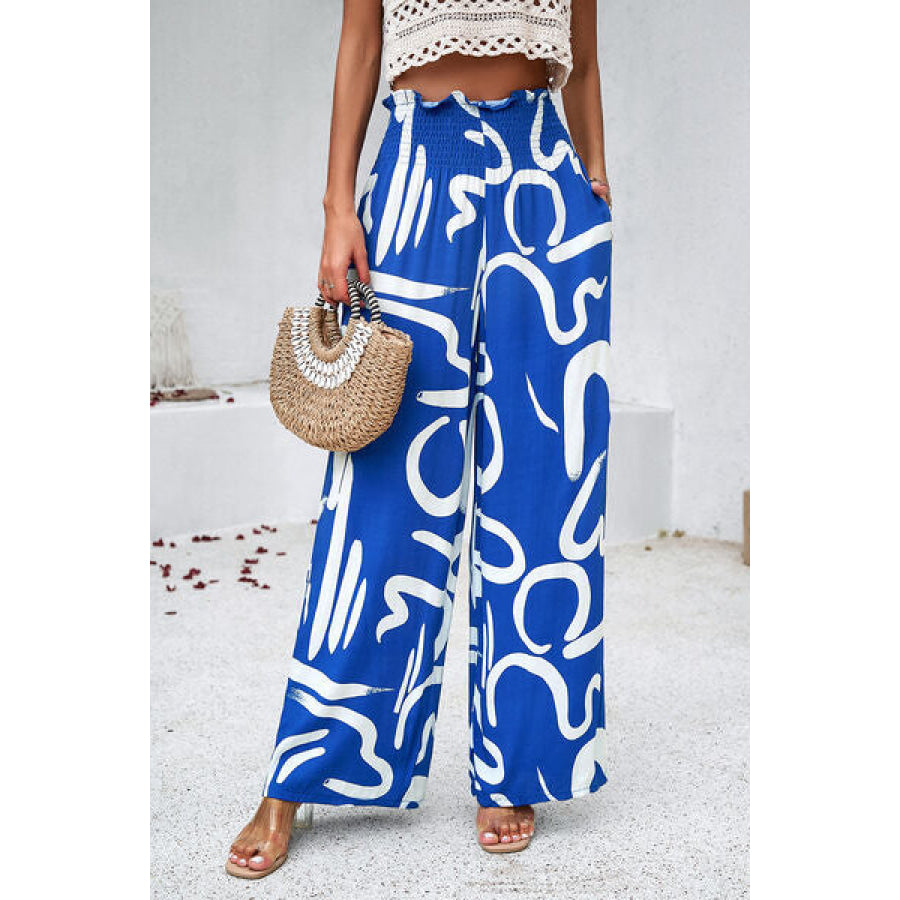 Smocked Printed Wide Leg Pants with Pockets Apparel and Accessories