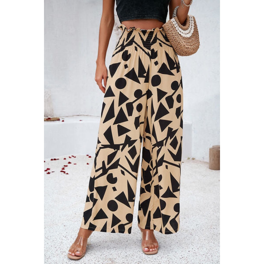 Smocked Printed Wide Leg Pants with Pockets Apparel and Accessories