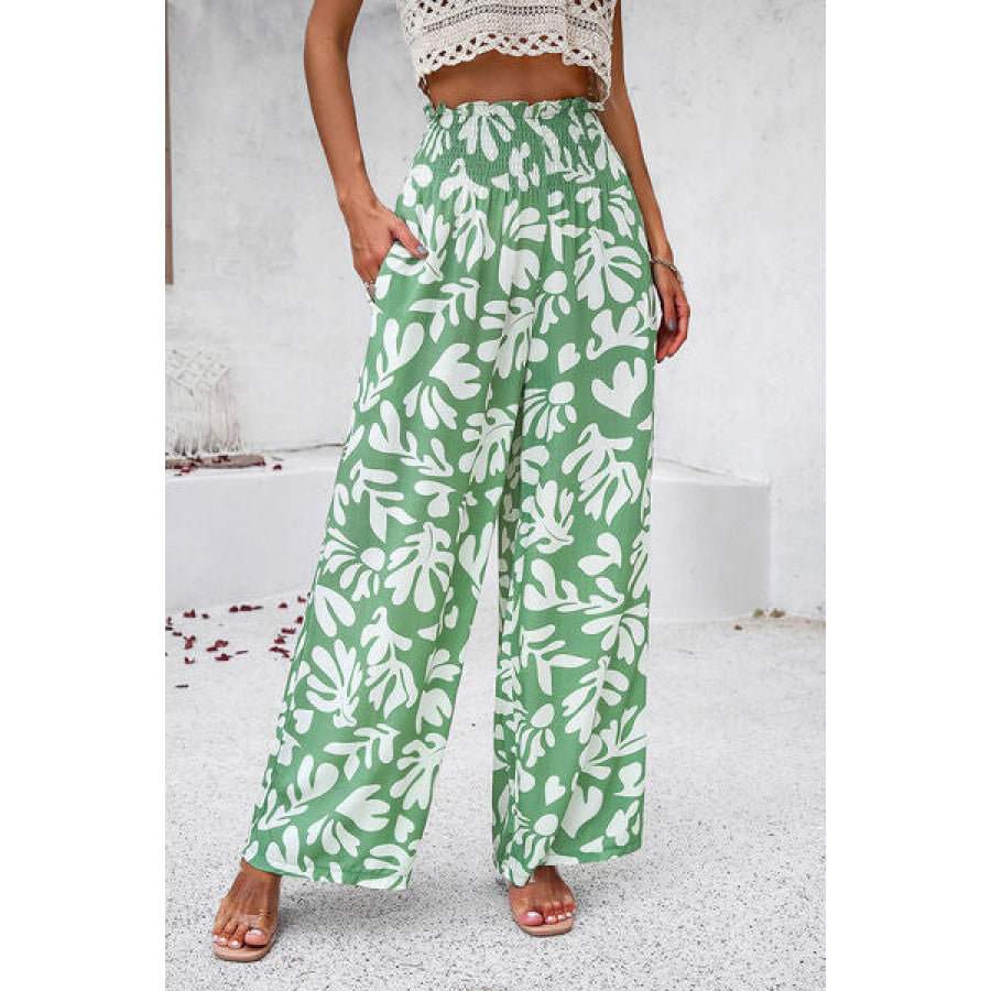 Smocked Printed Wide Leg Pants with Pockets Apparel and Accessories