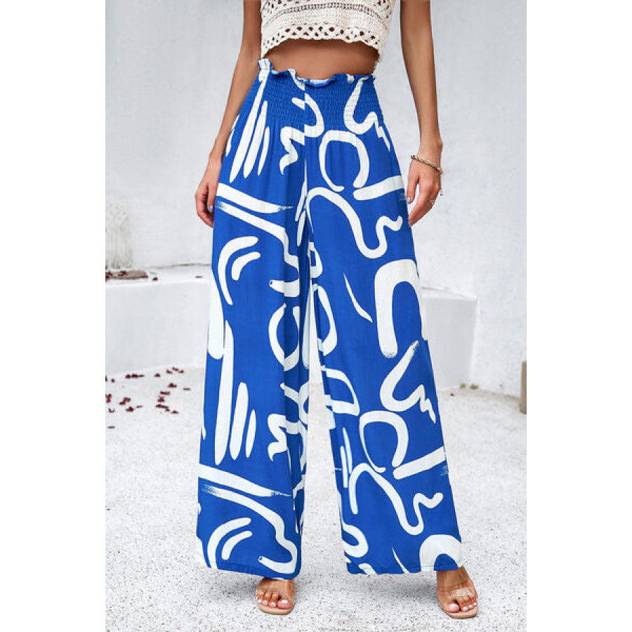 Smocked Printed Wide Leg Pants with Pockets Apparel and Accessories