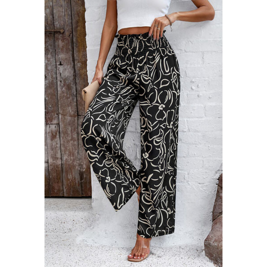 Smocked Printed Wide Leg Pants with Pockets Apparel and Accessories