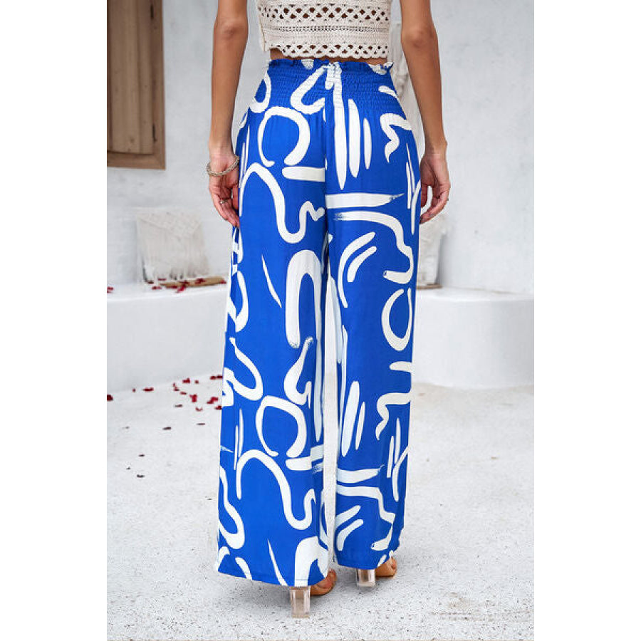 Smocked Printed Wide Leg Pants with Pockets Apparel and Accessories