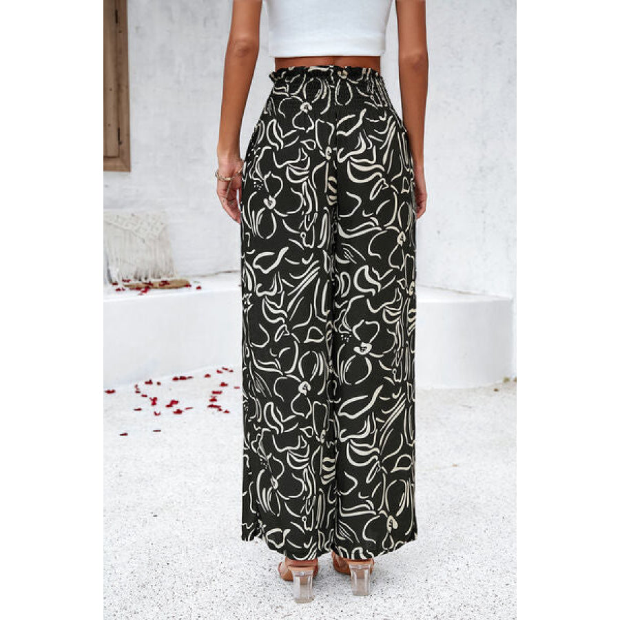 Smocked Printed Wide Leg Pants with Pockets Apparel and Accessories