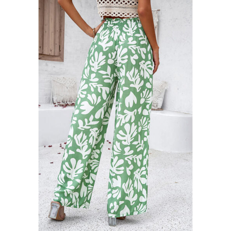 Smocked Printed Wide Leg Pants with Pockets Apparel and Accessories