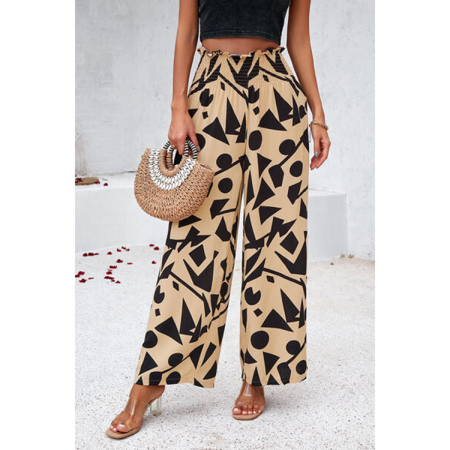 Smocked Printed Wide Leg Pants with Pockets Apparel and Accessories