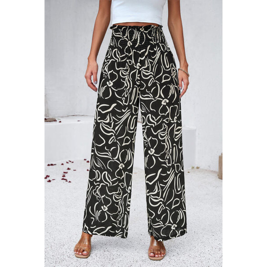 Smocked Printed Wide Leg Pants with Pockets Black / S Apparel and Accessories