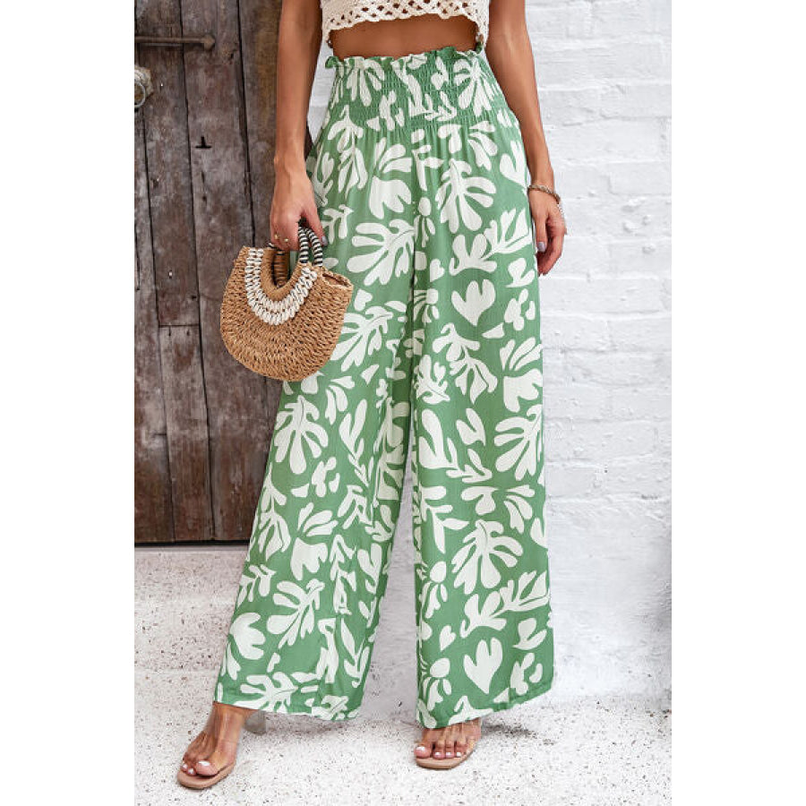 Smocked Printed Wide Leg Pants with Pockets Gum Leaf / S Apparel and Accessories