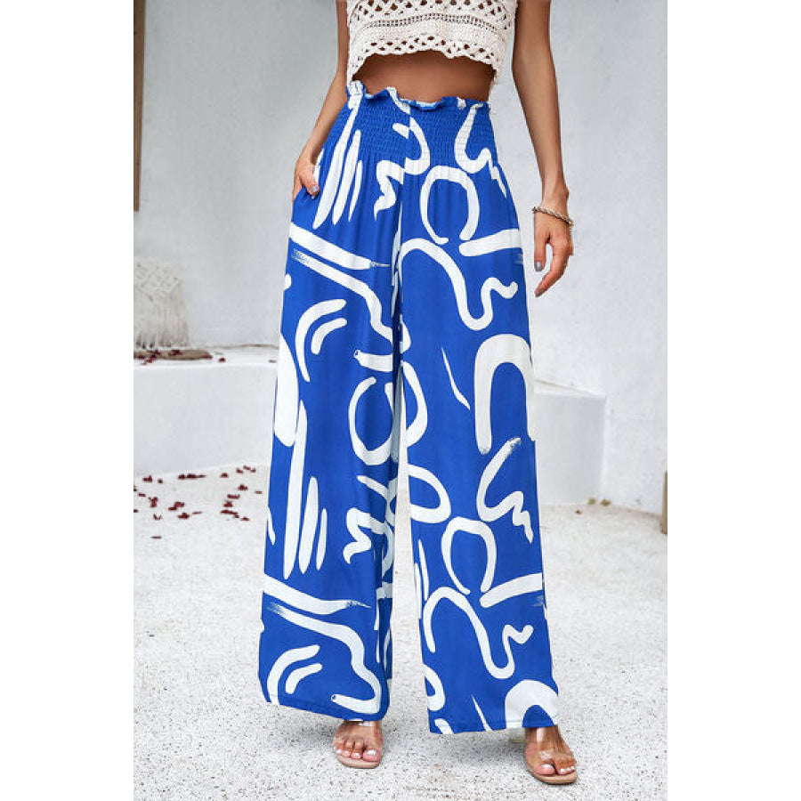 Smocked Printed Wide Leg Pants with Pockets Royal Blue / S Apparel and Accessories