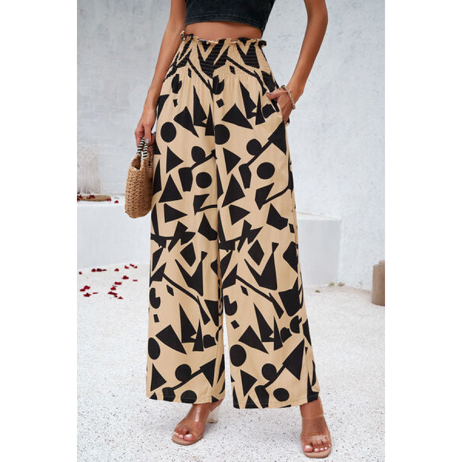 Smocked Printed Wide Leg Pants with Pockets Tan / S Apparel and Accessories