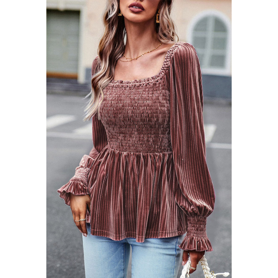 Smocked Ribbed Velvet Babydoll Top Apparel and Accessories