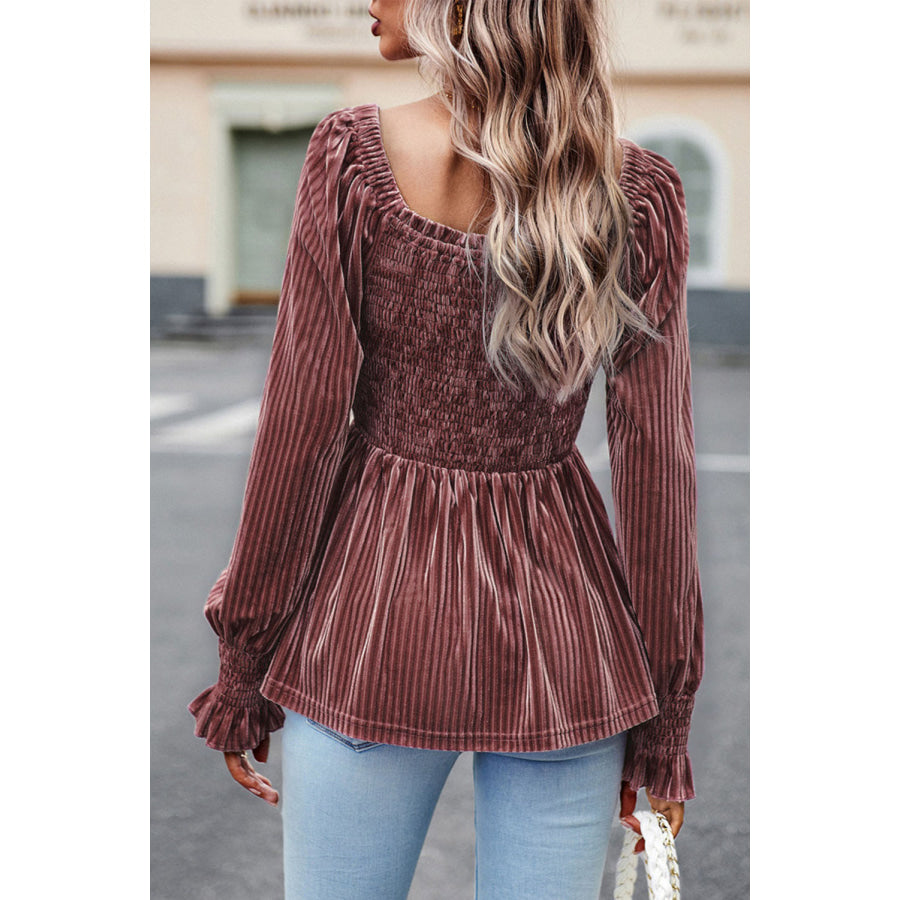 Smocked Ribbed Velvet Babydoll Top Apparel and Accessories