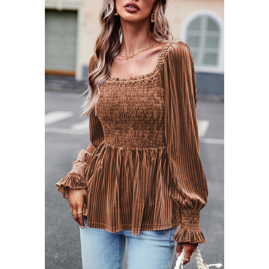 Smocked Ribbed Velvet Babydoll Top Apparel and Accessories