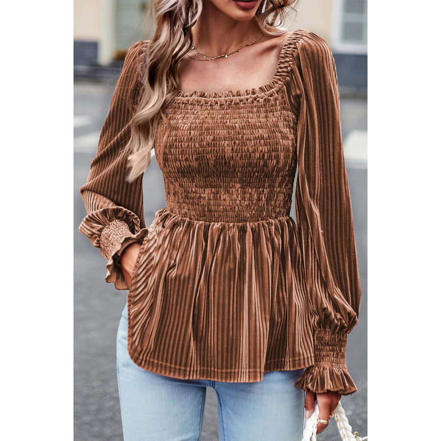 Smocked Ribbed Velvet Babydoll Top Brown / S Apparel and Accessories