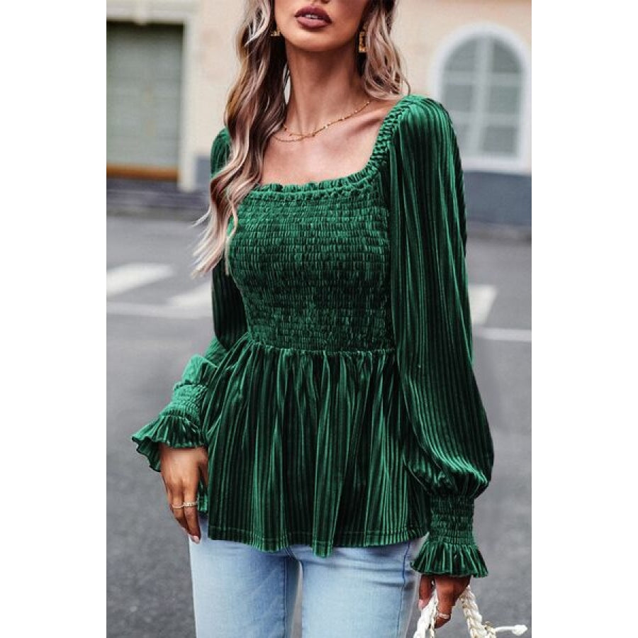 Smocked Ribbed Velvet Babydoll Top Clothing